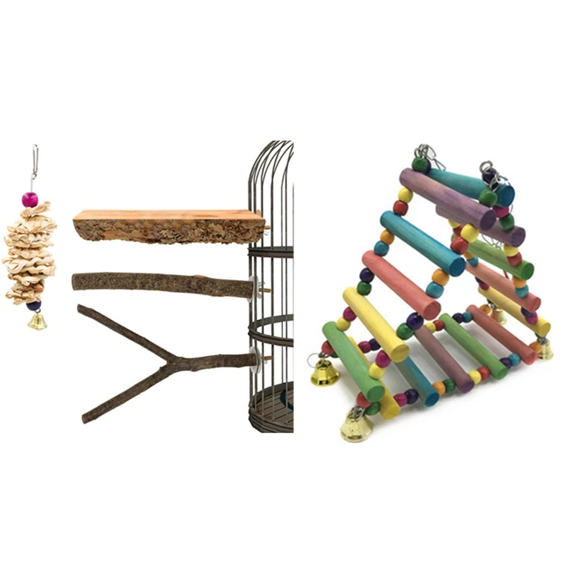

1 Set Natural Wooden Parrot Perch Stand Platform & 1 Pcs Bird Wooden Climbing Ladde Bites Climb Toys