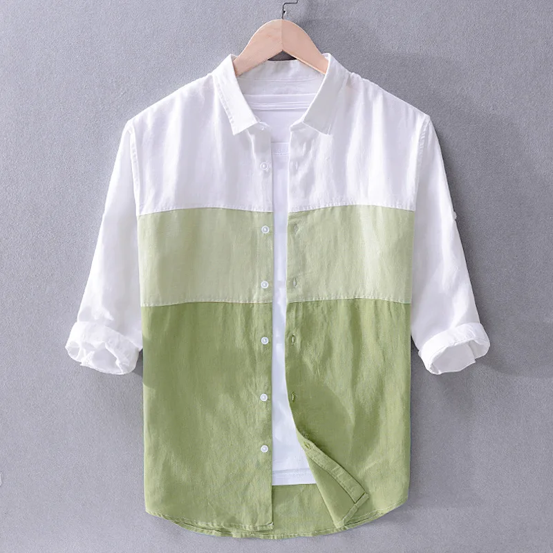 Фото Мужская модель 2020 модные повседневные льняные рубашки в японском стиле с