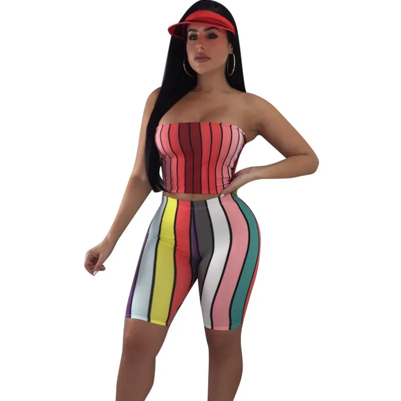 

New Striped Rainbow Two Piece Set for Women 2018 Strapless Tub Top and Shorts Sets Summer Outfits Matching Sets Casual Tracksuit