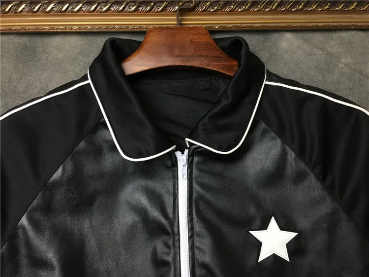 

New luxury Men Rib Sleeve embroidery Pu Leather stars High couple Baseball Coats & Jackets Abstract digital coat Motor #N168