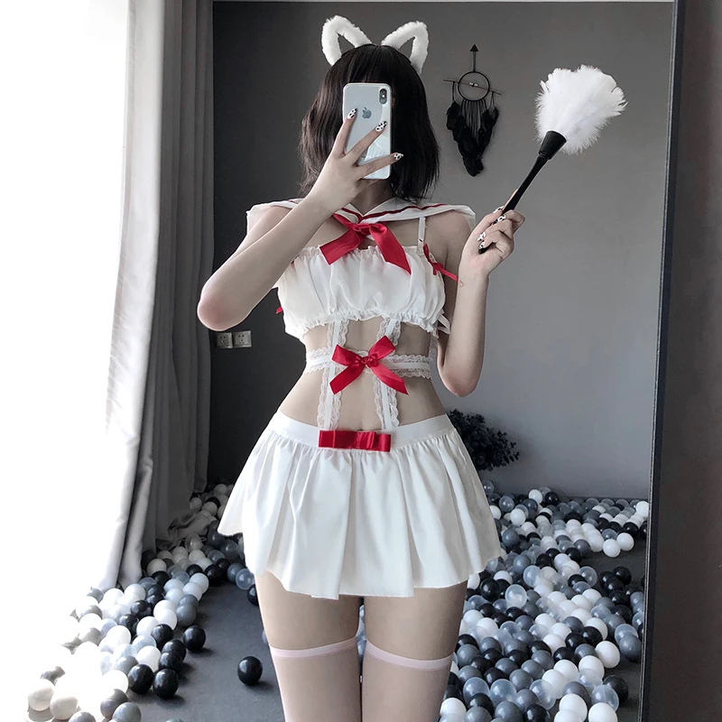 

Sexy Erotic Bowknot Cat Maid Cosplay Lingerie Bra White Set Lesbian Devil Temptation Roleplay Costumes Hot Uniform For Women