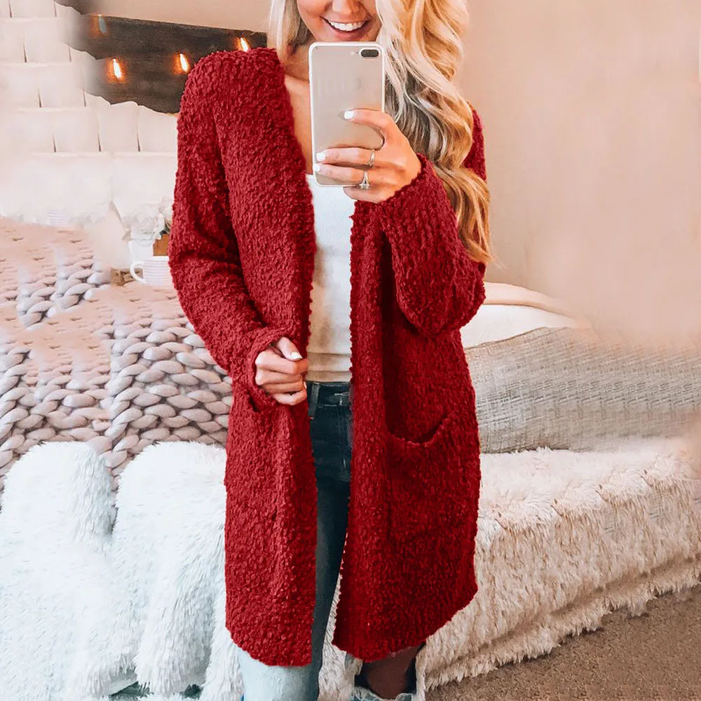 Зимнее пальто кардиган Feminino женский свободный теплый шерстяной бархатный с