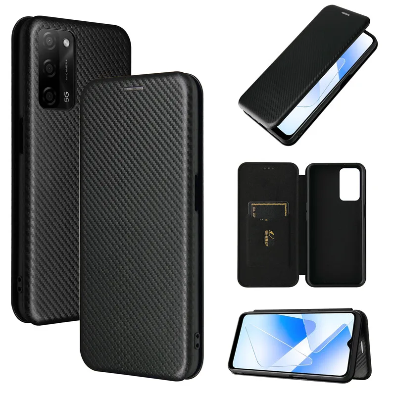

2021 Oppo A55 5G Case Fashion Carbon Fiber PC Hard Card Holder Slim Leather Case for Oppo A55 5G PEMM00 PEMM20 Wallet Flip Cover