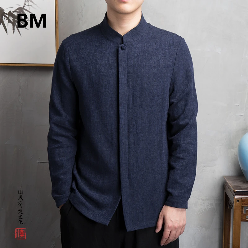 2020 Chinese Style Cotton Linen Long Sleeve Shirts Men Clothing Retro Tang Suit Stand Up Collar Top Plus Size Clothes Male