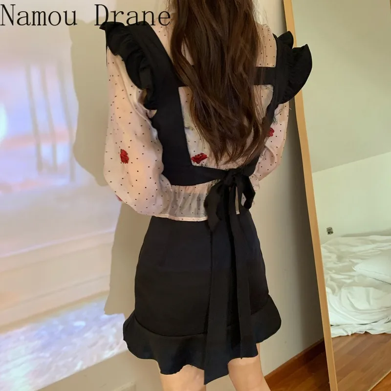 

Korean Rose Embroidery Dot Women Blouse Stand Neck Short Sweet Shirt + Back Bow Bandage Ruffle Sleeveless Vest