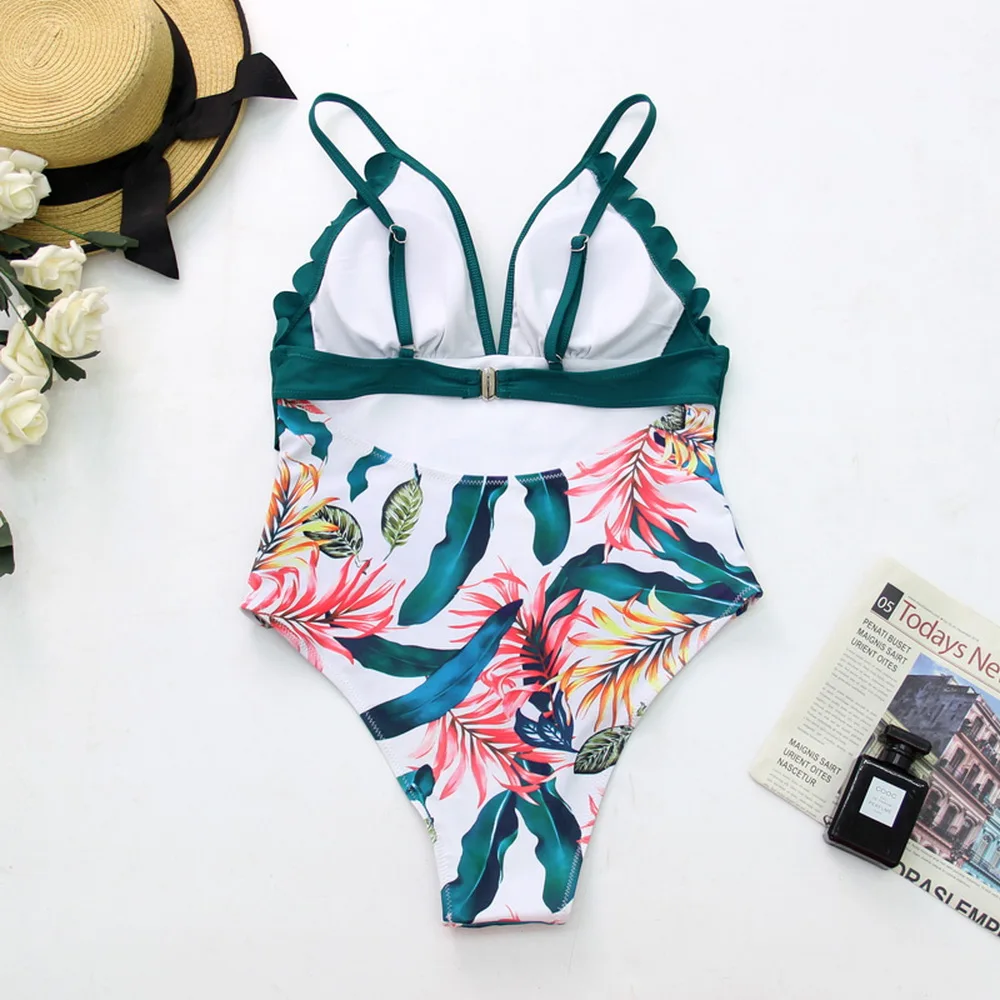 

2020 Sexy One Piece Swimsuits Female Shoulder Floral Women Swimwear Push Up Bathing Suits Bodysuits Beach wear Ruffle Monokini