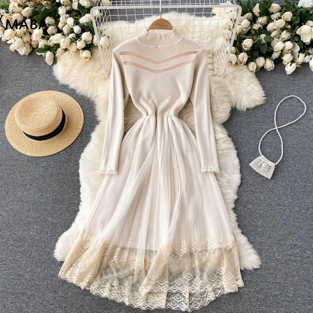 

Dress New Women Stand Collar Long Sleeve Knitted Lace Patchwork Fashion Vestidos Elegant Dress Autumn Winter Bottoming Dress