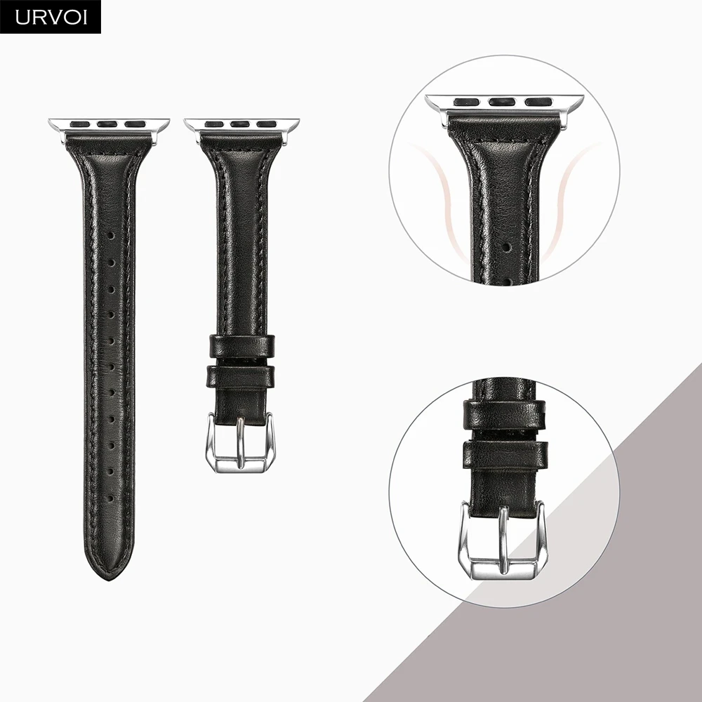 Black URVOI тонкий ремешок для наручных часов Apple Watch, версии 5/4 3/2/1 пояса из натуральной кожи swift кожаный ремешок для наручных часов iWatch, наручные часы Современный для маленьких девочек с рисунком в стиле ремень - Цвет ремешка: Black