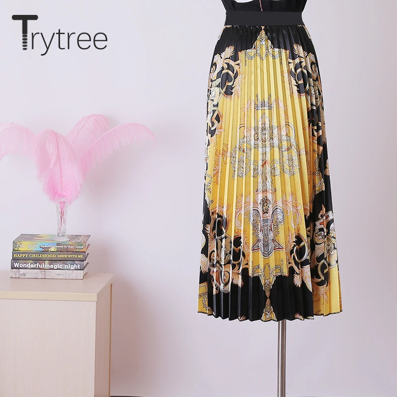 Trytree/осенне зимняя женская повседневная юбка в стиле ампир желтая плиссированная