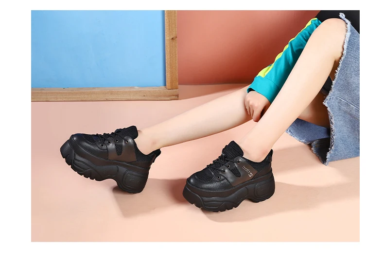 Smile Circle Genuine Leather Sneakers Women Flat Platform Shoes Autumn Breathable mesh women Thick bottom shoes