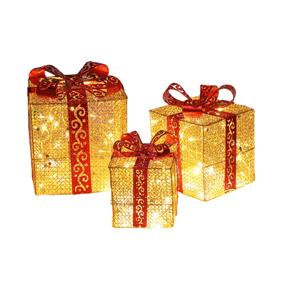 

Three-piece Christmas Gift Boxes With 100 LED Christmas Luminous Iron Art Ornaments Home Outdoor Christmas Decorations
