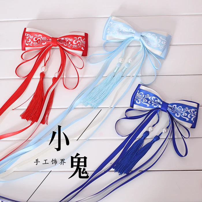 

Chinese style ancient hairpin retro blue and white porcelain bow hair accessories in the tassel hairpin classical headdress Cos