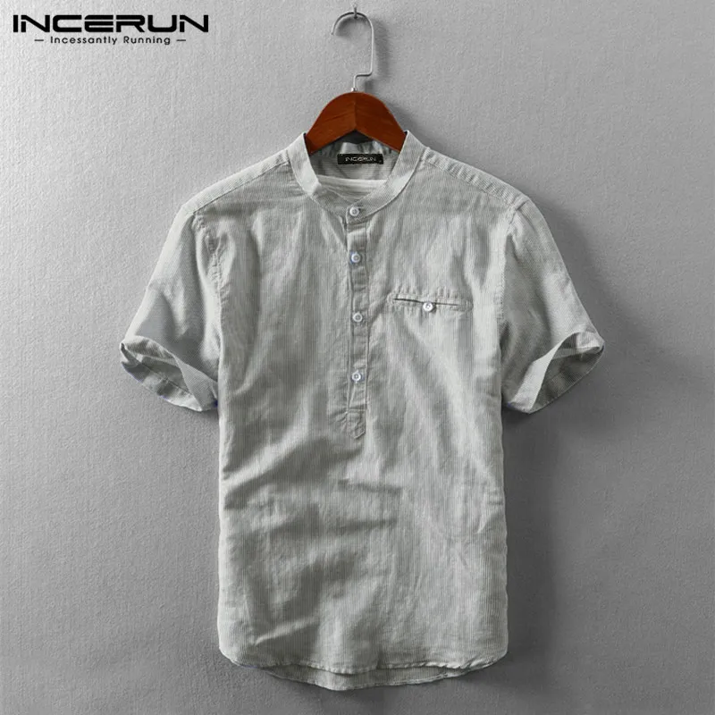 

INCERUN Men Striped Shirt Short Sleeve Cotton Stand Collar Summer Harajuku Camisa Breathable Streetwear Casual 2021 Shirts S-5XL