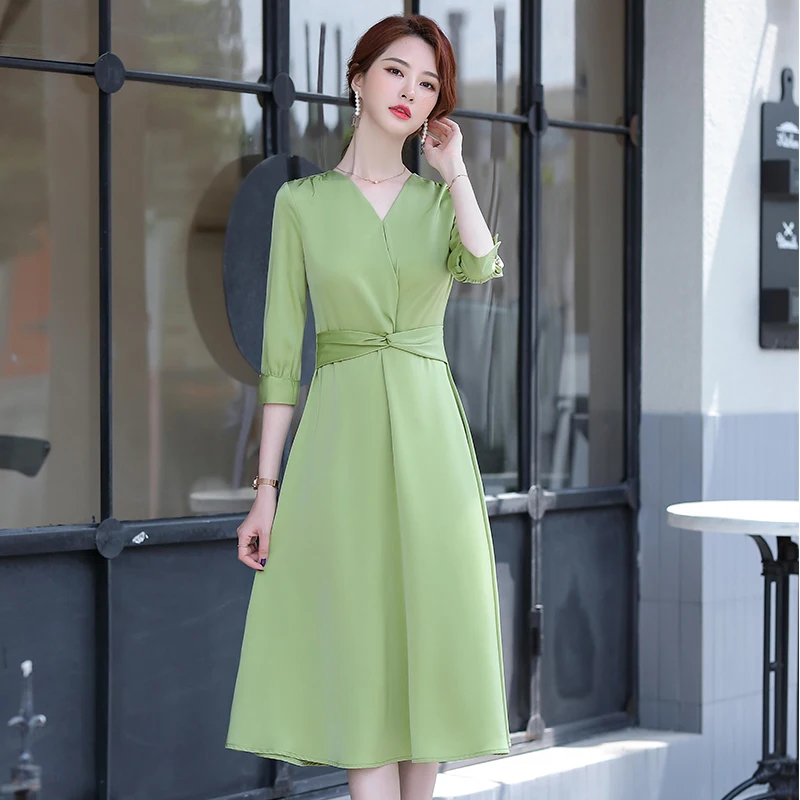 

Spring Summer Women Fashion Midi Dresses Formal V-neck 4xl Pink Green Dress Robe Femme Vestidos Elegantes