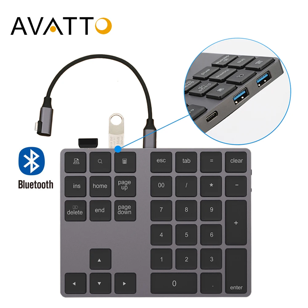 AVATTO Aluminum Alloy Bluetooth Wireless Numeric Keypad with USB HUB Digital Input Function for Windows,Mac OS,Android laptop PC