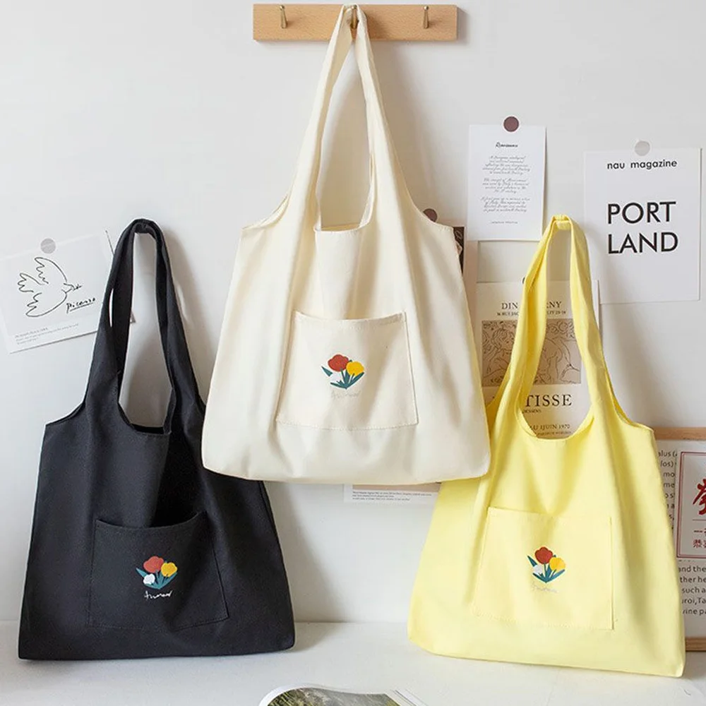 

Simple Literary Canvas Bag Fashion New Tote Bag Jewelry And Large Computer Bag Japanese style Embroidery Cloth Canvas Bag