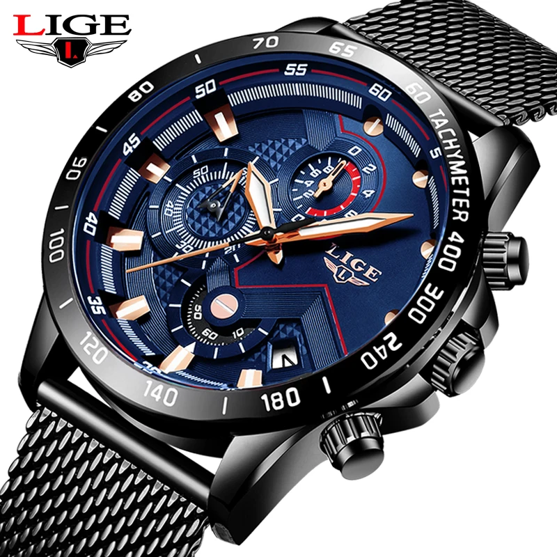 2019 Новинка LIGE синий Повседневный сетчатый ремень модные кварцевые золотые часы