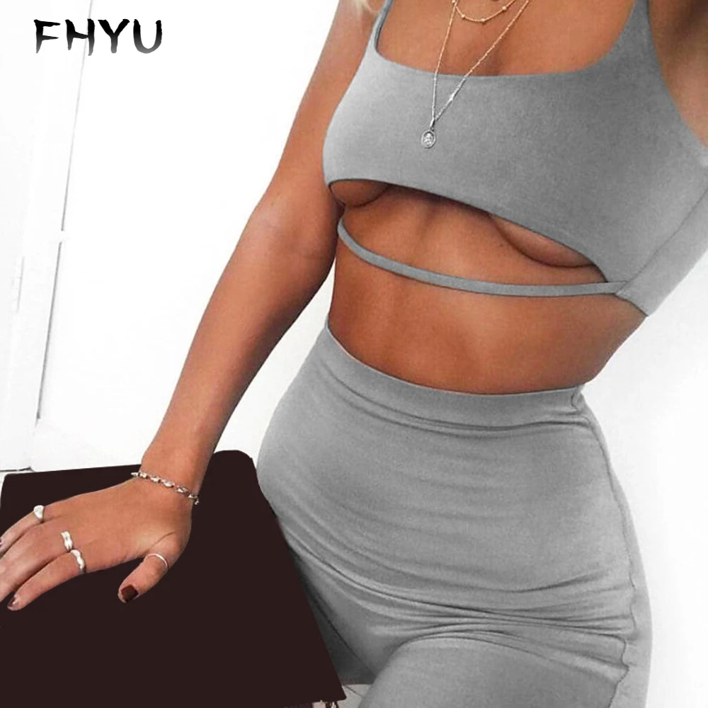 

FHYU Summer Selling Fashion Street Sports Sexy Sling Women Solid Color Running Vest Navel Open Back 5-Point Shorts Female Set