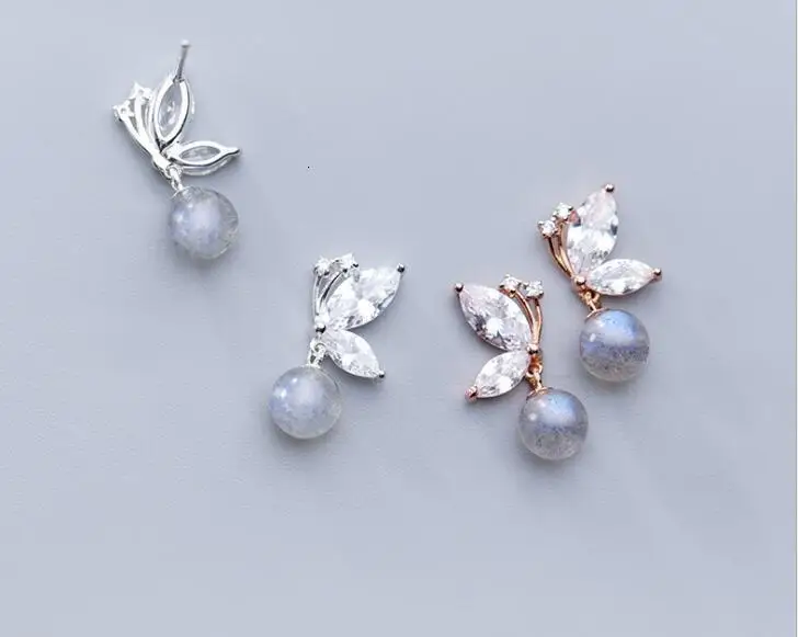 

По-настоящему. 100% 925 пробы серебряные ювелирные изделия лунный камень и кристаллы бабочка насекомое серьги-гвоздики с животными оптовая про...