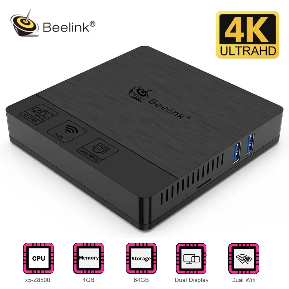 

Beelink BT4 Мини ПК четырехъядерный процессор Intel Atom X5-Z8500 Windows 10 4 Гб LPDDR3 64GB 2,4G/5,8G WI-FI BT4.0 4K двойной Экран VGA, мини-ПК Коробка