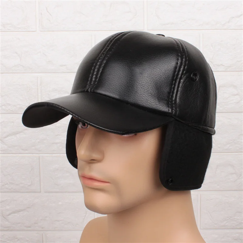 

Wholesale PU Leather baseball cap winter dad hat warm Thickened snapback caps Ear protection fitted hats for men gorras