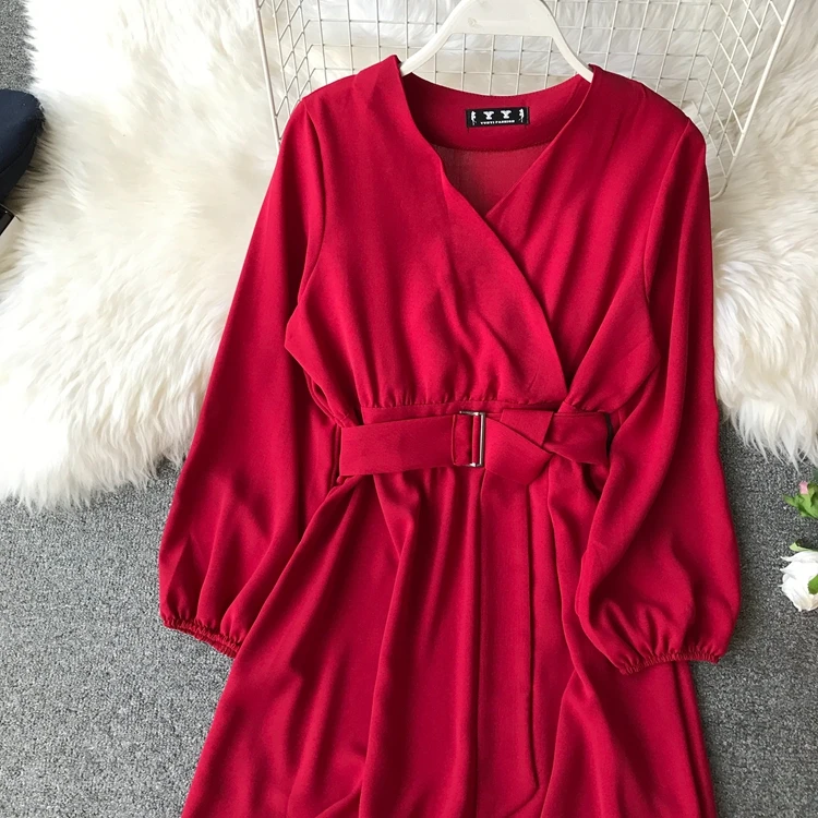 ALPHALMODA осеннее офисное женское платье с длинными рукавами и поясом, новое повседневное шифоновое платье с высокой талией и v-образным вырезом, однотонное женское платье до середины икры