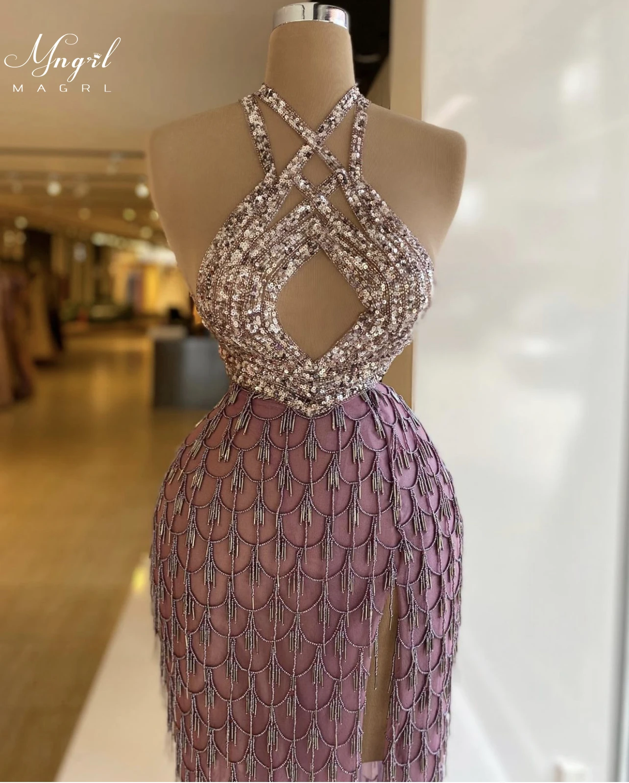 

MNGRL Luxury Evening Dress One-shoulder Long Sleeves Hand-applied Diamonds Glittering 2021 New Evening Dress Party Dress