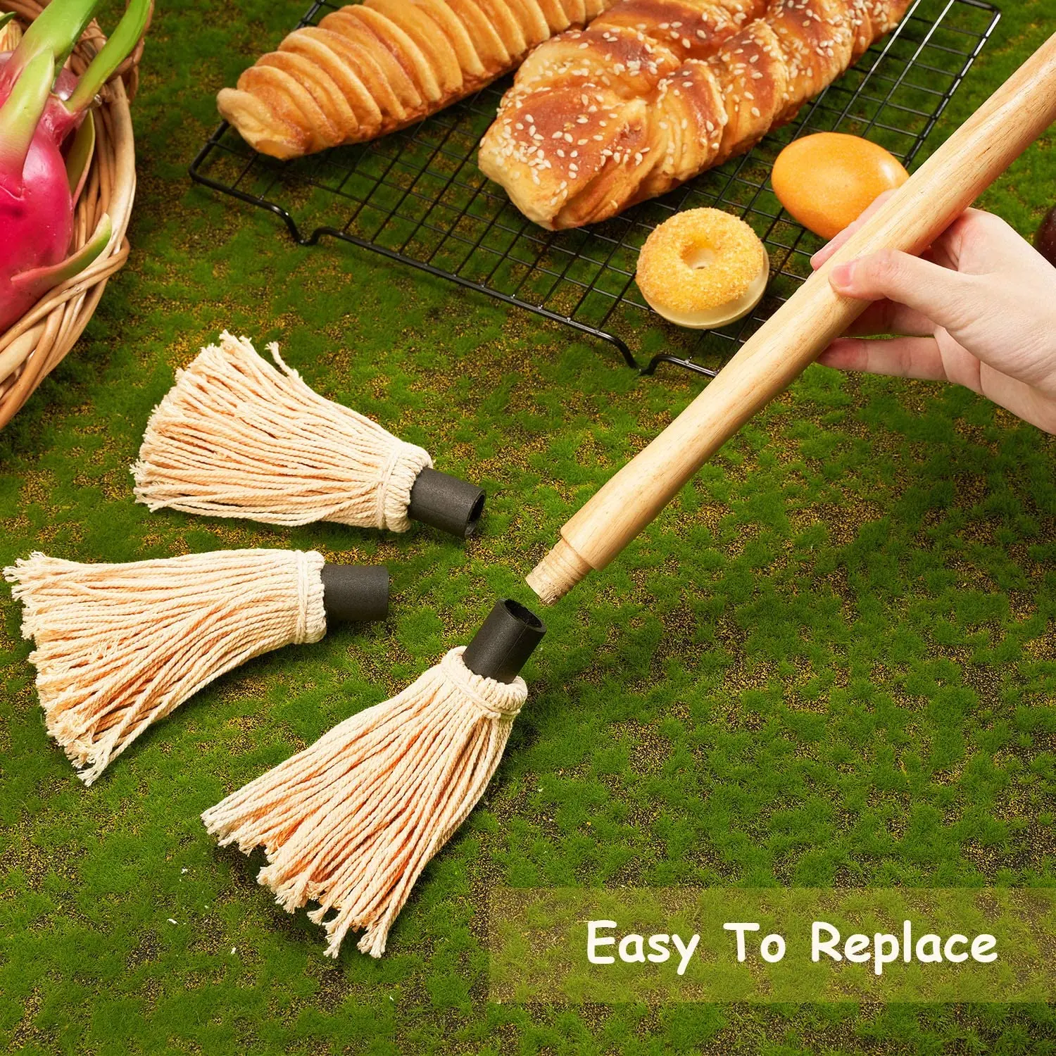 

3 Pcs BBQ Basting Mop Grill Basting Mop in 18 Inches Wooden Long Handle with 9 Pcs Heads for Barbecue Cooking Roasting Grilling