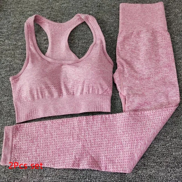 Pink 2Pcs Set 2 шт. бесшовный Набор для йоги Женская одежда для фитнеса спортивная женская спортивная одежда леггинсы для спортзала+ мягкий пуш-ап спортивный бюстгальтер спортивные костюмы для бега - Цвет: Pink 2Pcs Set