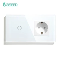 bseed touch light switch 1 gang 1 way with eu wall socket white black gold wall sensor switch crystal glass panel for home