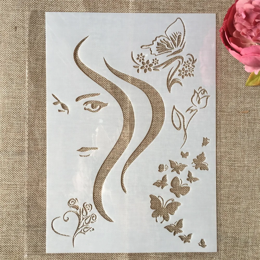 

29cm A4 Beautiful Girl Butterfly DIY Layering Stencils Wall Painting Scrapbook Coloring Embossing Album Decorative Card Template