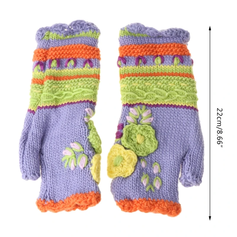 

Women Winter Vintage Multicolor Knitted Fingerless Gloves Fake Sleeve Ethnic Colorful Crochet Floral Half Finger Mittens