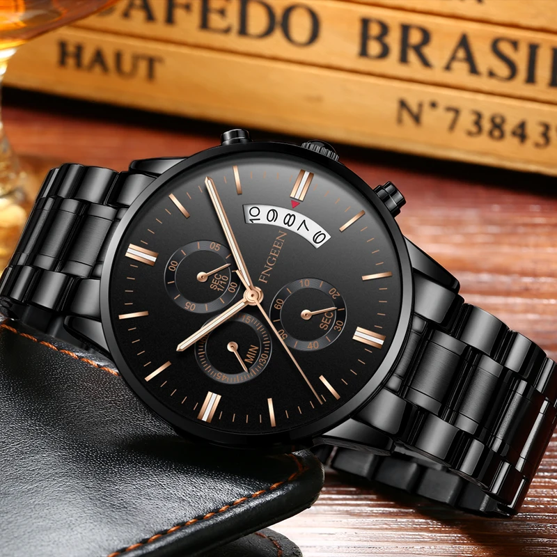 

FNGEEN Men Business Steel Watches Top Luxury Brand Mens Analog Quartz Wrist Watch Man Gift Luminous Hands Calendar Reloj Hombre