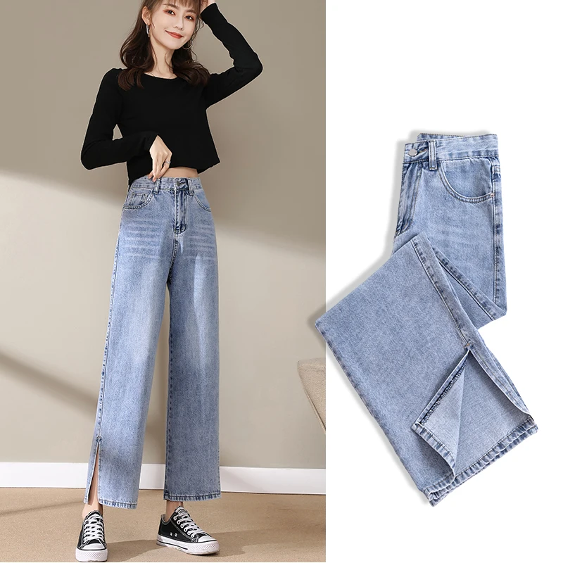 Джинсы женские широкие с разрезом высокой талией в уличном стиле | Женская одежда