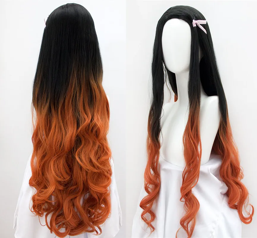 100cm/39inch women Kamado Nezuko cosplay wig Demon Slayer: Kimetsu no Yaiba sister black with orange long wavy hair |