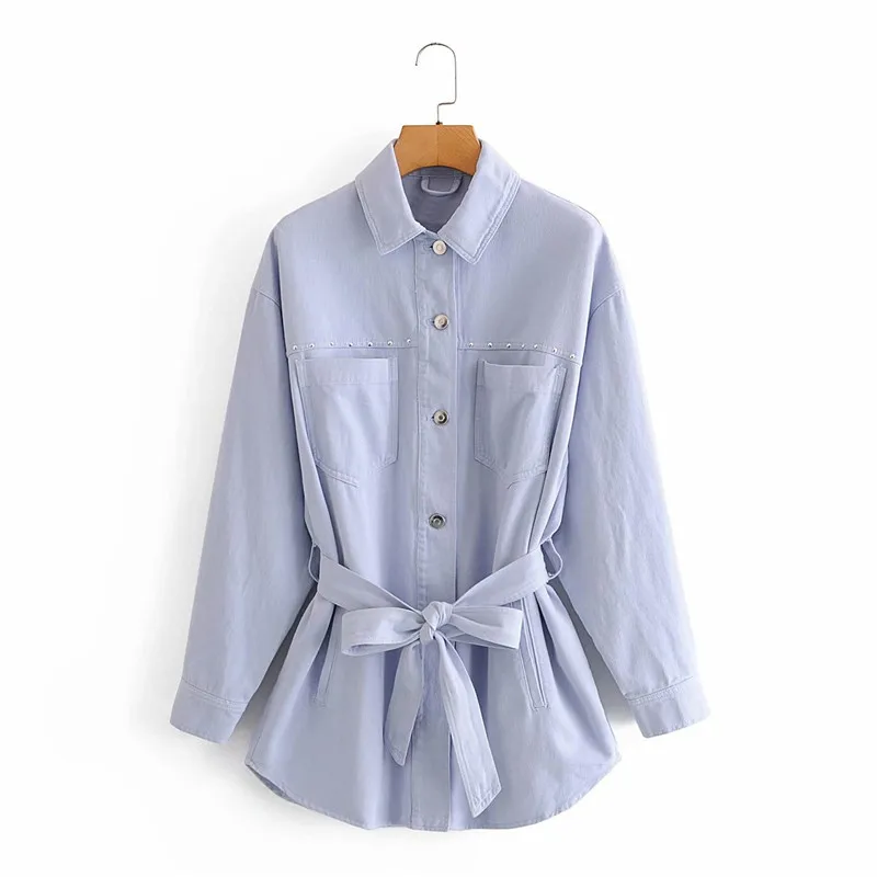 Женская Осенняя Повседневная куртка Za с заклепками синяя модная однобортная