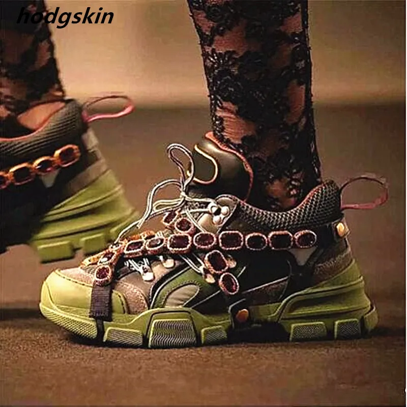 Fashion Genuine Leather Air Mesh Clunky Sneakers Glitter Crystal Belt Women Casual Shoes Sport Shoes tenis feminino