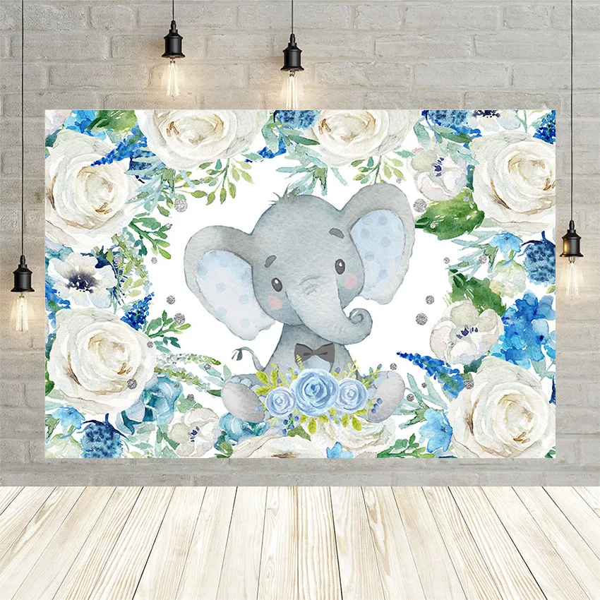 

Avezano Photography Background Woodland Jungle Elephant Blue Flower Boy Baby Shower Party Backdrop Photo Studio Photophone Props