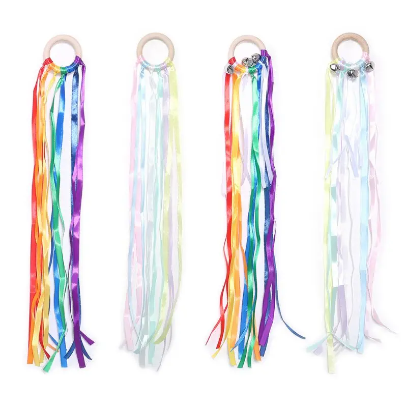 

Rainbow Natural Wooden Ribbon Newborn Sensory Bell Toy Shower Gifts Dancing Prop