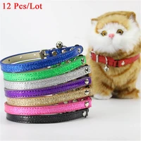 12 pcs colorful glitter pu leather pet collars for cat puppy neck kitten necklace with bells and elastic safety cat collar s m l