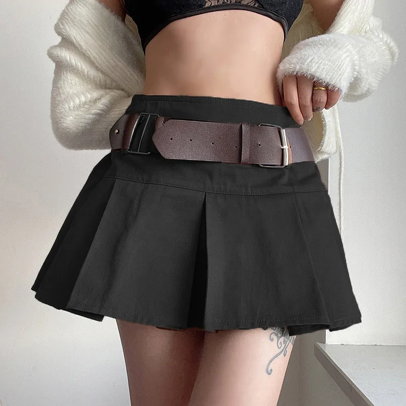 

2021 New Casual Brown Pleated Mini Skirt Ladies High Waisted Short Skirts Womens with Belt Korean Fashion Y2K Summer Street