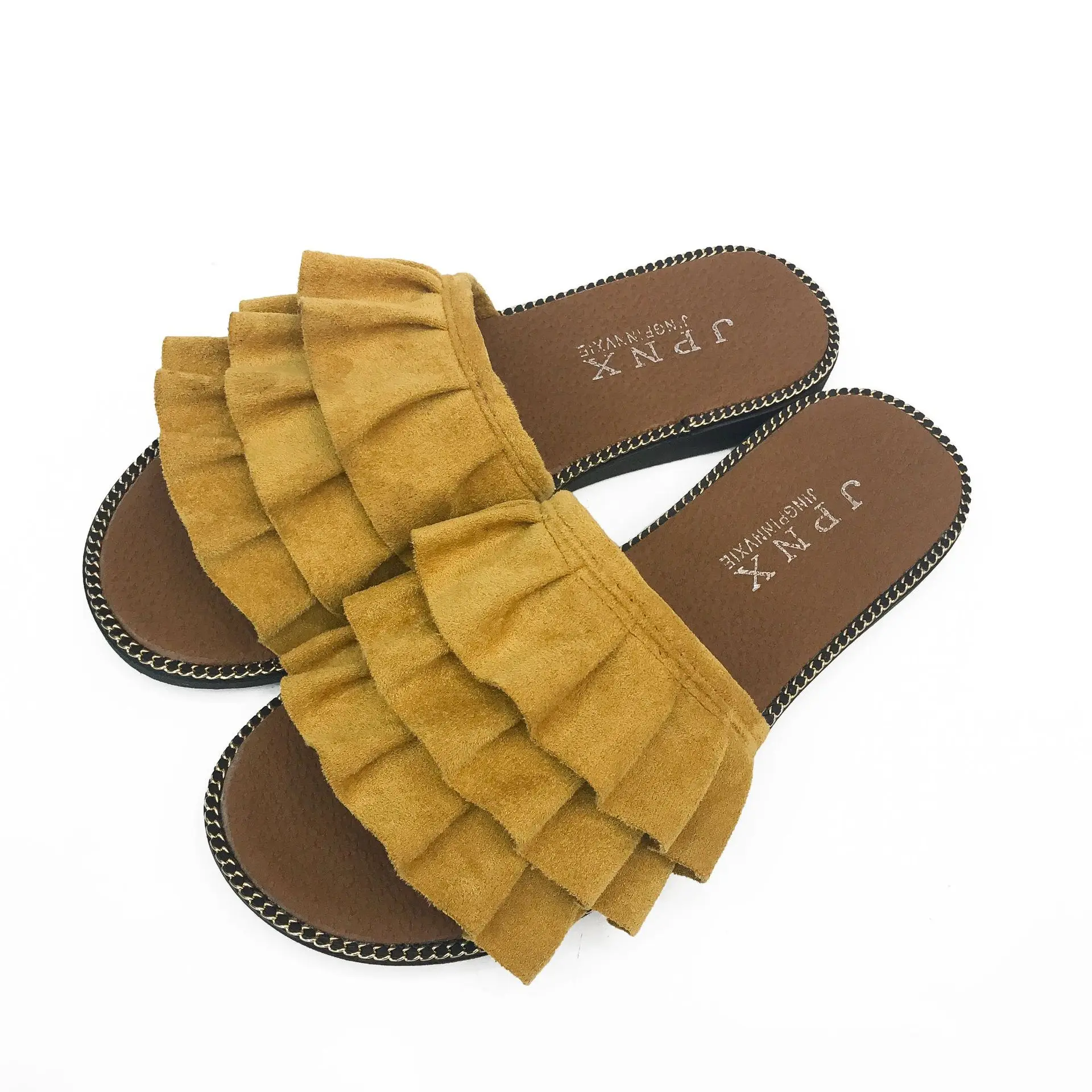 

Shoes Woman 2021 Flock Female Slippers New Flat Summer Beach Slides Basic Rome Fabric Floral Rubber PU Flat Shoes Female Summer