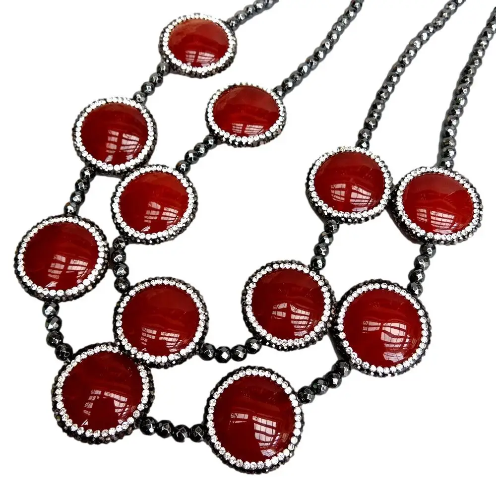 

2 Rows Red Agate Coin Shape Trimmed With Black Crystal Faceted Hematite Necklace 20"