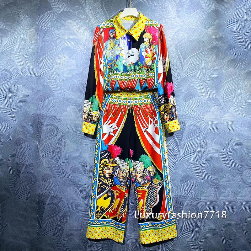

High quality fashion women national style clothes two 2 Pieces Set Lapel printed long sleeve shirt high waist elastic Pants Sets