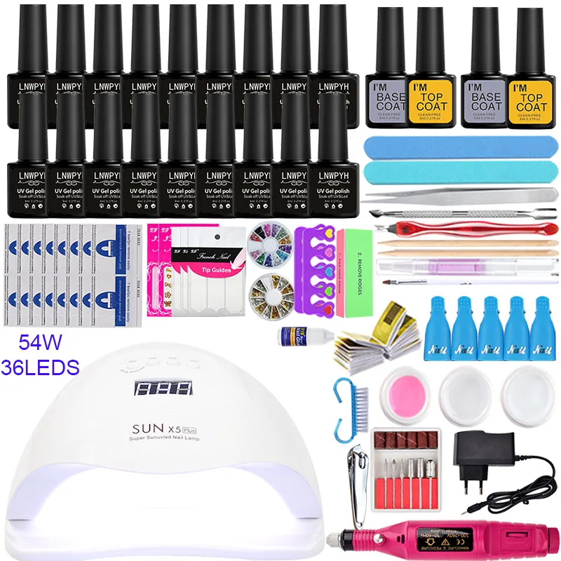 54w choose 18 color Набор для ногтей 80 54/24 Вт УФ-лампа 18 цветов Гель-лак для ногтей топ-покрытие комплект гель-лаков для ногтей маникюрный набор Электрический Маникюрный Набор - Цвет: 54w choose 18 color