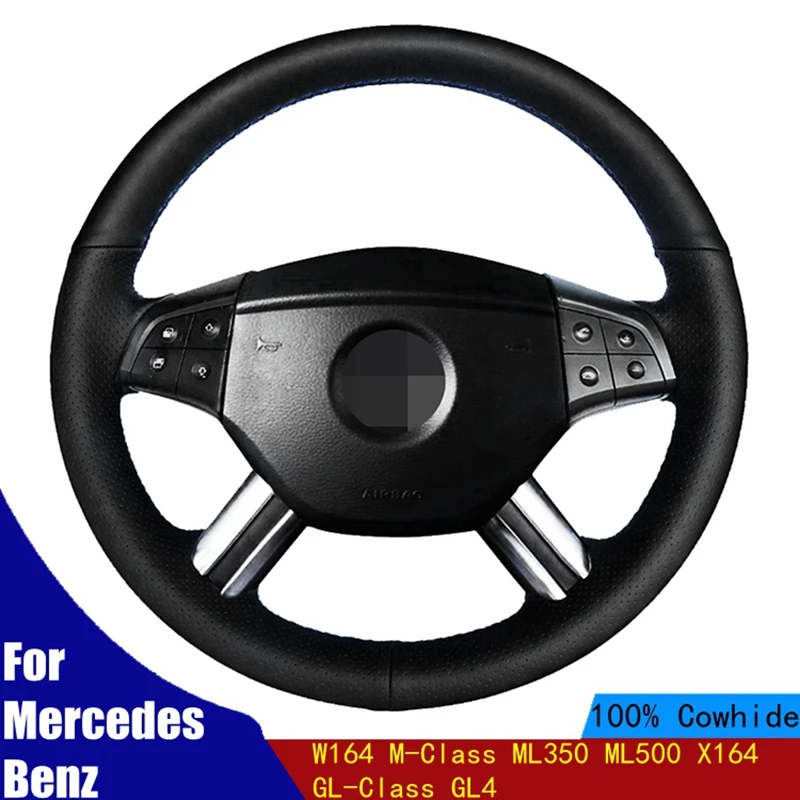 

Car Steering Wheel Cover Black Genuine LeatherFor Mercedes Benz W164 M-Class ML350 ML500 X164 GL-Class GL4 Braid Four Seasons