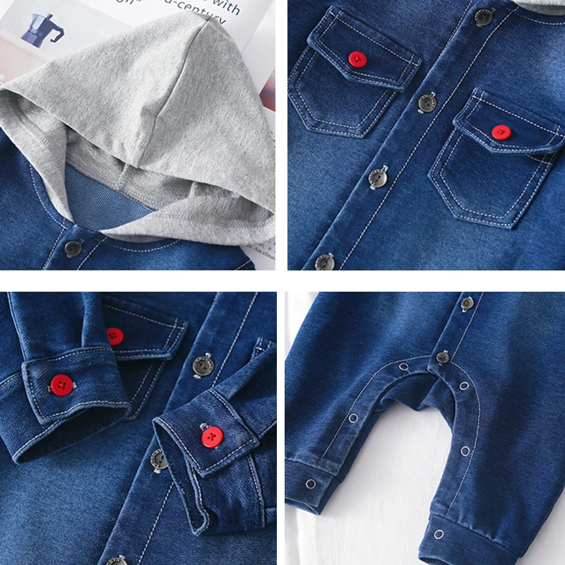 IYEAL Newborn Baby Boy Hooded Romper Cotton Long Sleeve Denim Blue Black Jumpsuit With Pockets Children Toddler Outfits 3-18M |
