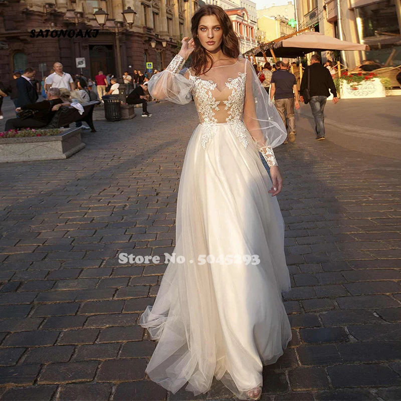 

Long Sleeves Boho Wedding Dresses Illusion Lace Appliques Beach A-Line Mariage Bridal Gown Customized Vestidos De Novia Sukienki