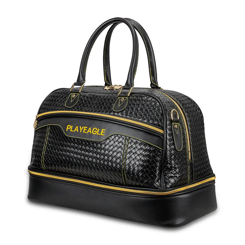 Large Capacity PU Leather Golf Boston Bag Black Color Golf Clothing Bag with Separate Golf Shoes Bag Embroidery Logo