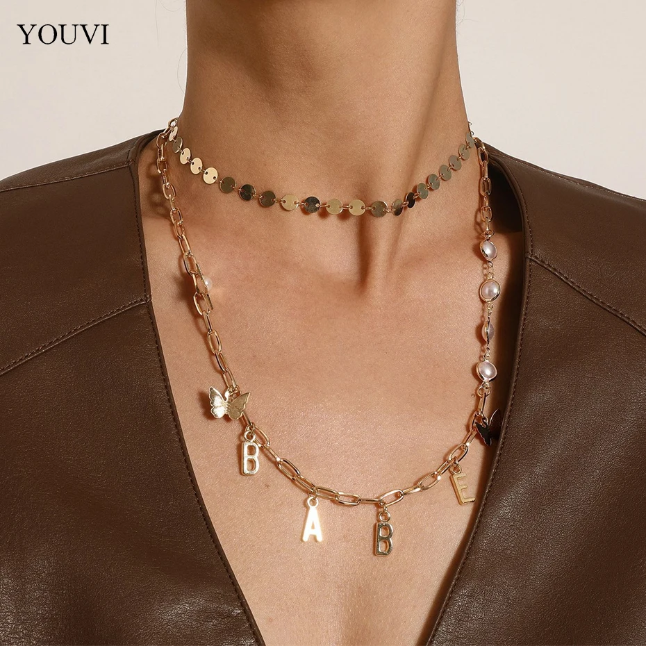 YOUVI Newest Fashion Jewelry Accessories Gold Color Multiple Layers Sheet Chain Necklace for Women BABE Letter Pedant Necklace